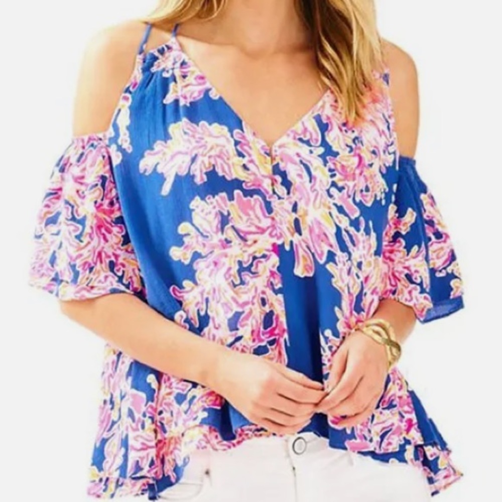 Lilly Pulitzer Bellamie cold shoulder top It’s eelectric Blue Pink XL New NWT.